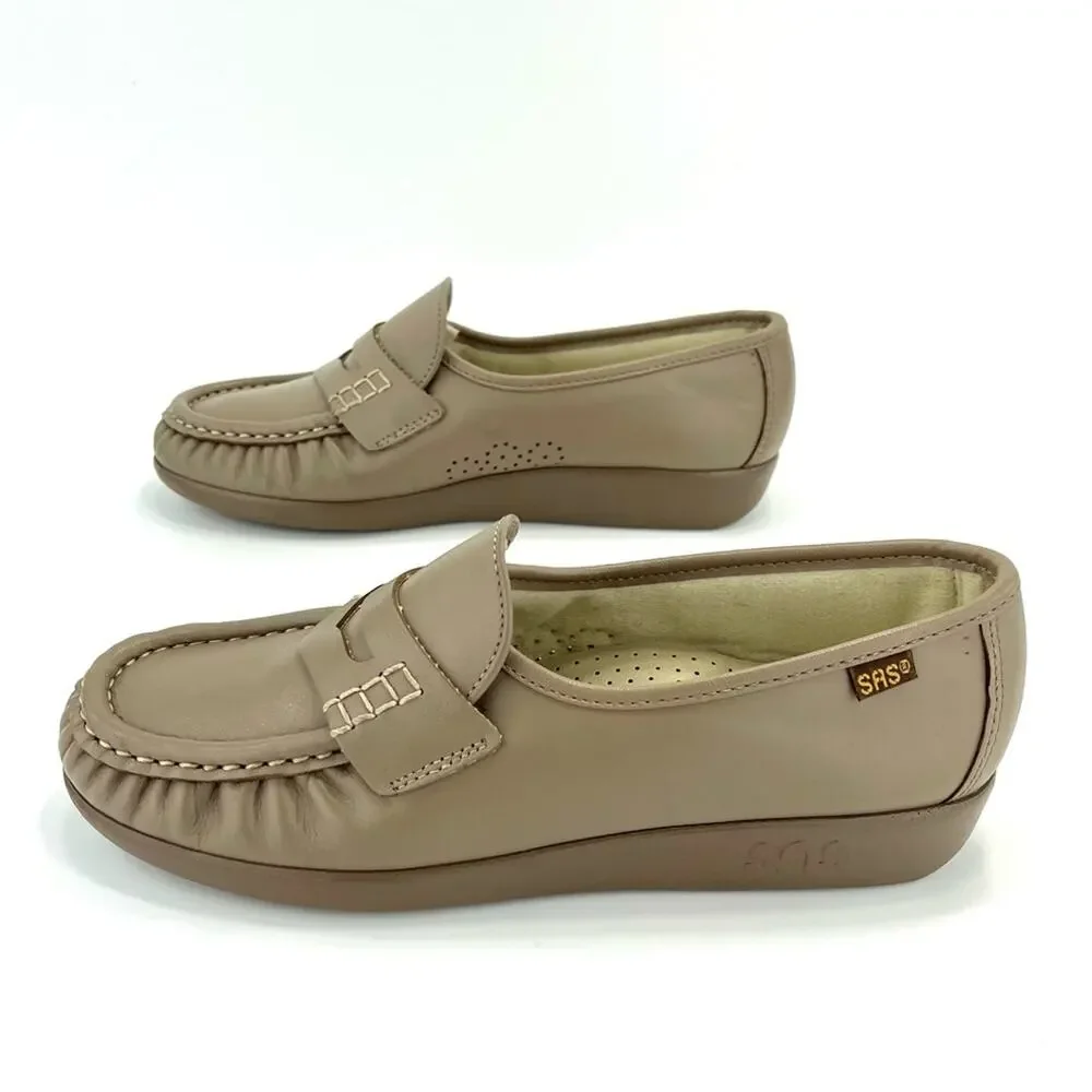 SAS Women Casual Penny Loafer Size 6.5 Tan Genuine Leather Comfort Low Wedge